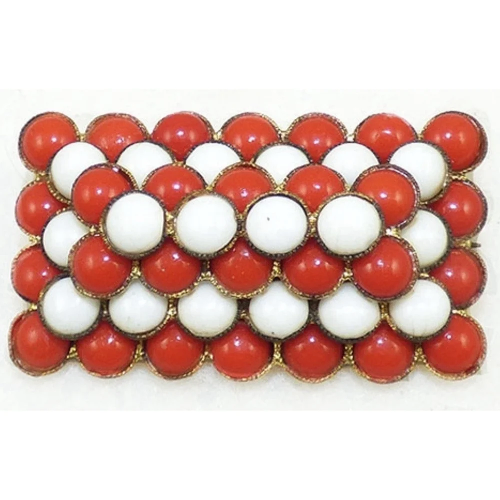 Vintage Czechoslovakian Red White Glass Patriotic Rectangular Bar Pin
